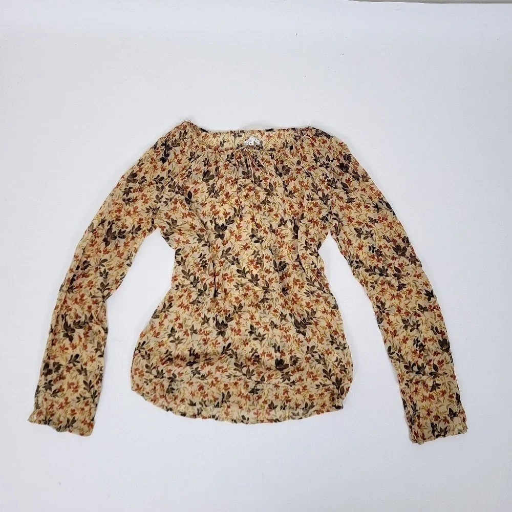 Y2K Long Sleeve Sheer Floral Blouse Size XS Tan Milkmaid - Picture 7 of 13